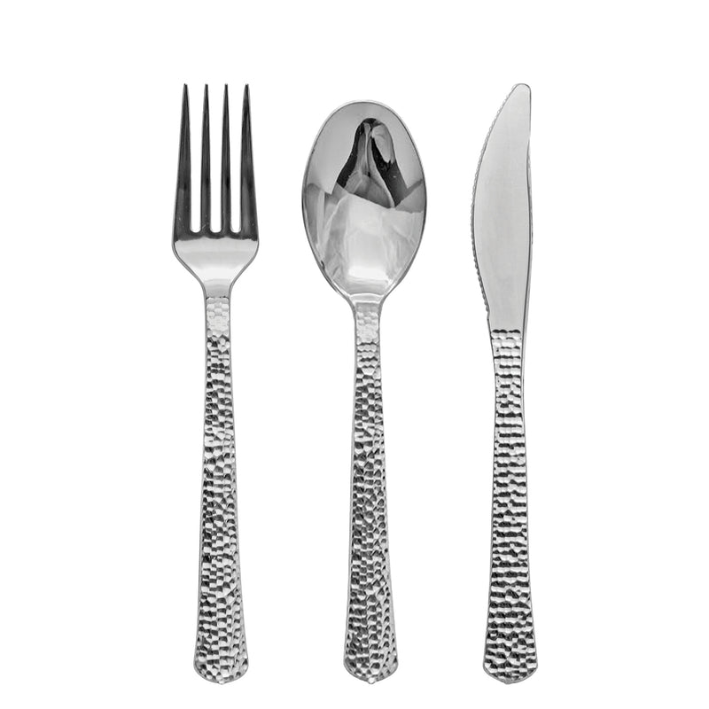 Disposable 180 Silver Reusable Plastic Combo Cutlery - Hammered 