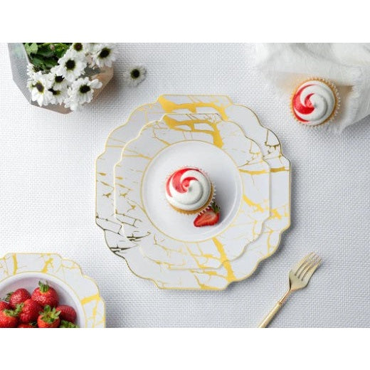 Disposable 10 White & Gold Reusable Plastic Plate 27cm - Grand 