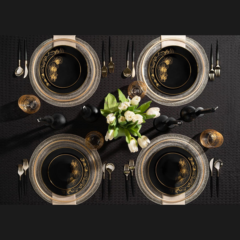 Disposable 32 Black & Gold Reusable Plastic Combo Plate - Orchid 