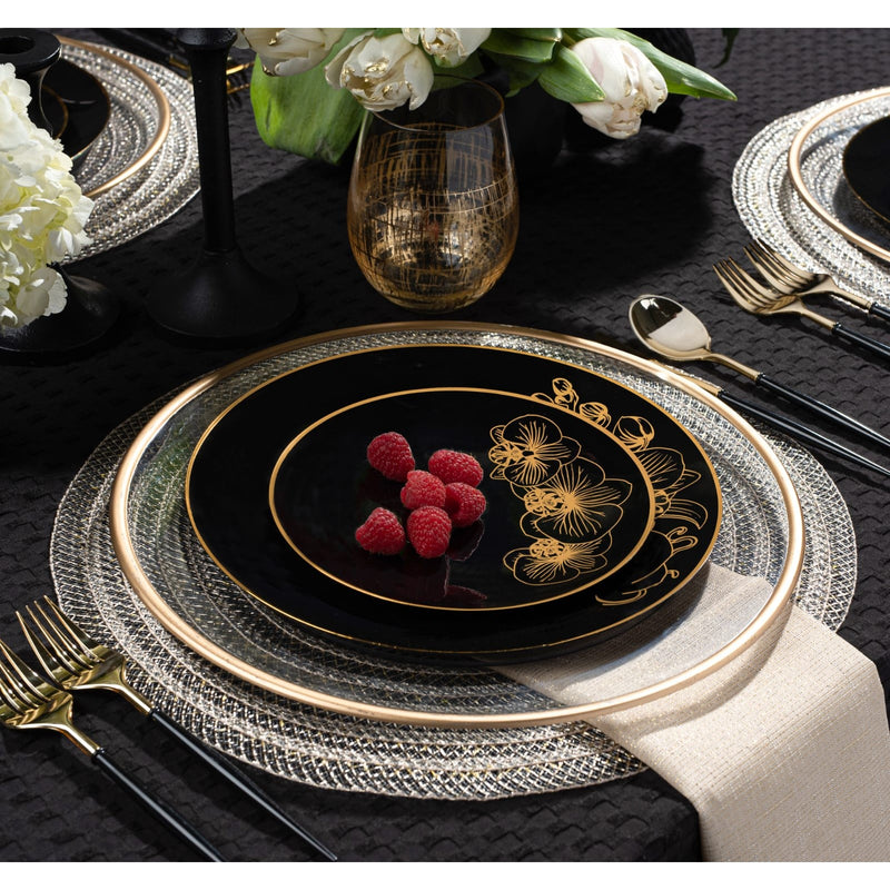 Disposable 32 Black & Gold Reusable Plastic Combo Plate - Orchid 