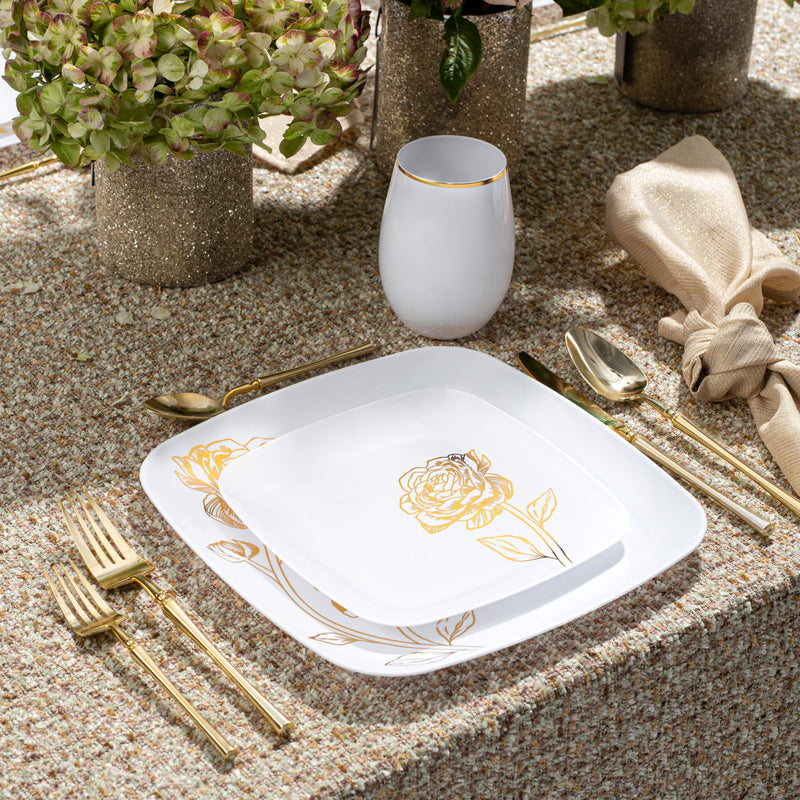 Disposable 32 White & Gold Square Reusable Plastic Combo Plate - Peony 