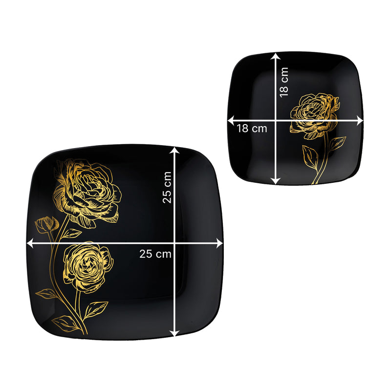 Disposable 32 Black & Gold Square Reusable Plastic Combo Plate - Peony 