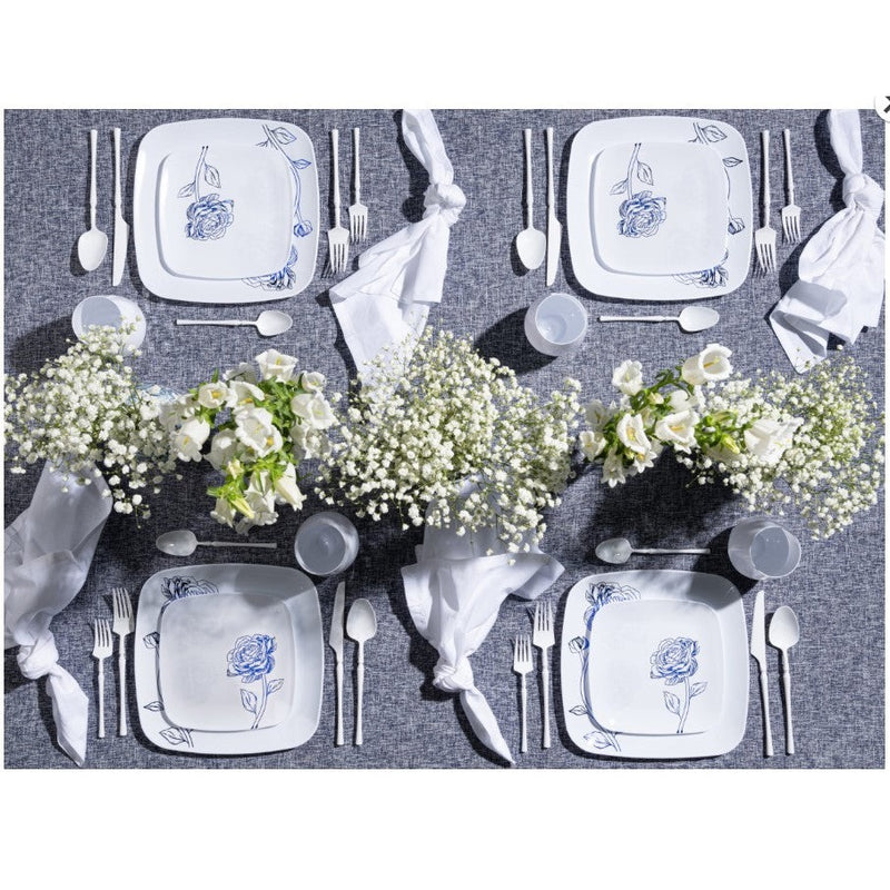 Disposable 32 White & Blue Square Reusable Plastic Combo Plate - Peony 