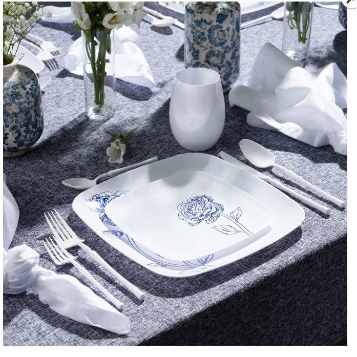 Disposable 32 White & Blue Square Reusable Plastic Combo Plate - Peony 