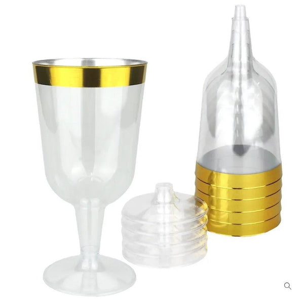 Disposable 10 Transparent & Gold Reusable Plastic Wine Cups 180ml - Line 