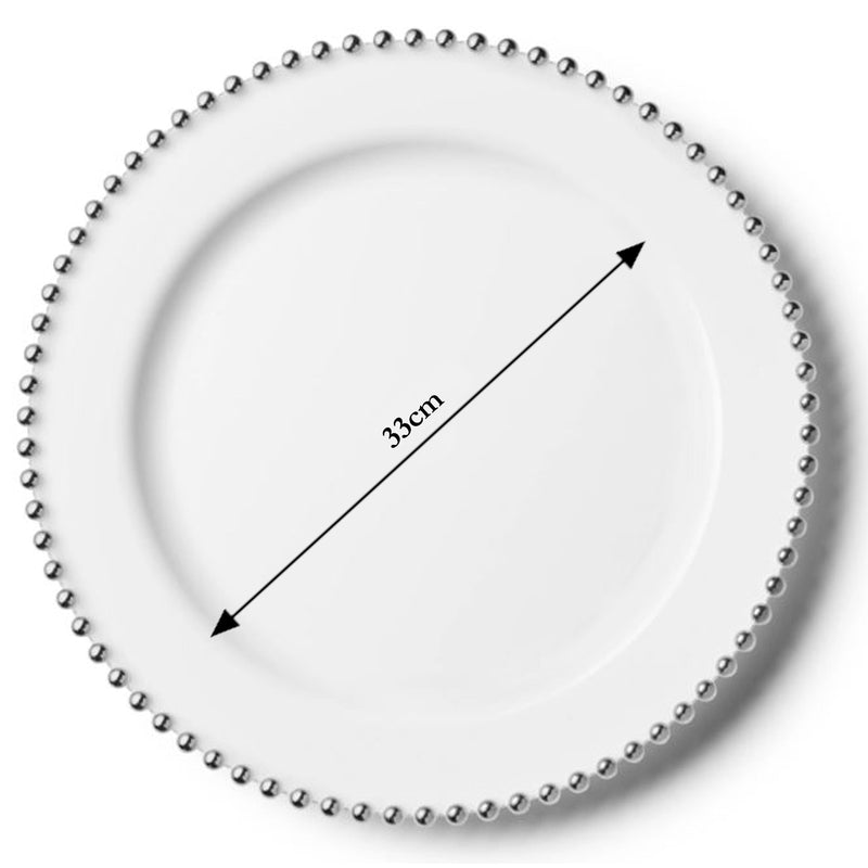 Disposable 2 White & Silver Reusable Plastic Charger Plate 33 Cm - Beaded 