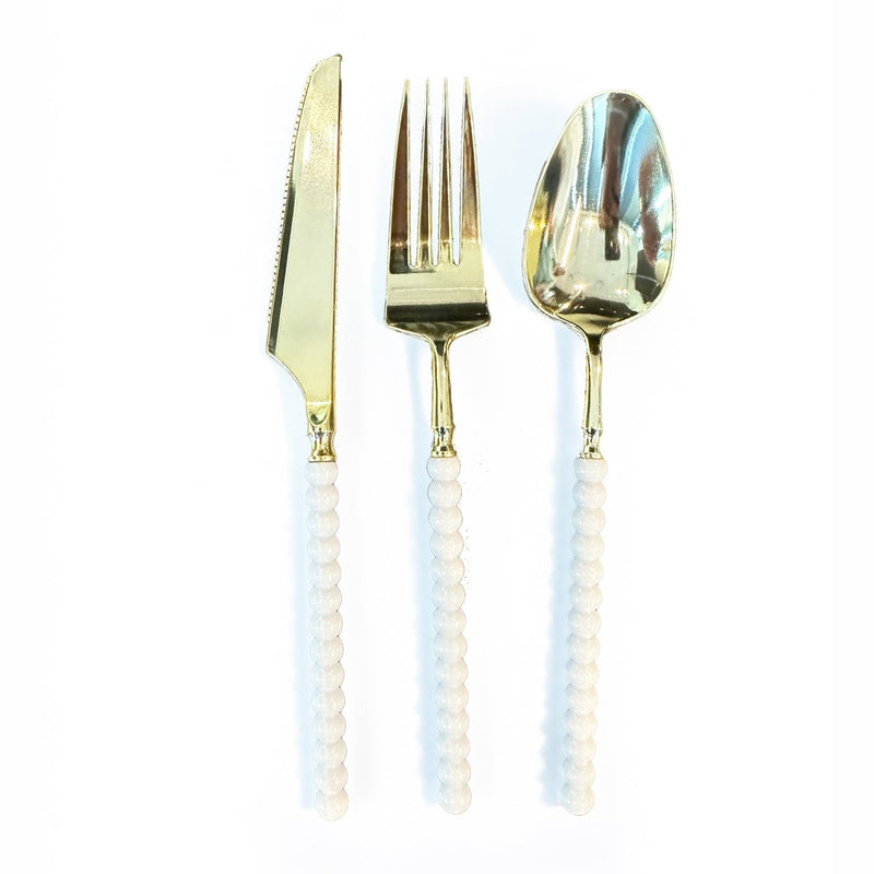 Disposable 12 White & Gold Reusable Plastic Spoons - Pearl 