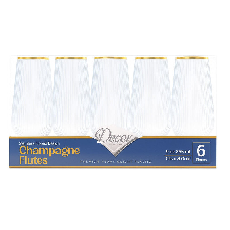 Disposable 6 Transparent & Gold Reusable Champagne & Cocktail Cups - Ribbed 