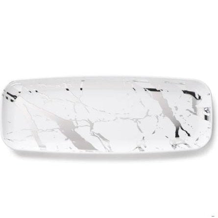 Disposable 2 White & Silver Reusable Plastic Serving Tray 16x45cm - Marble 