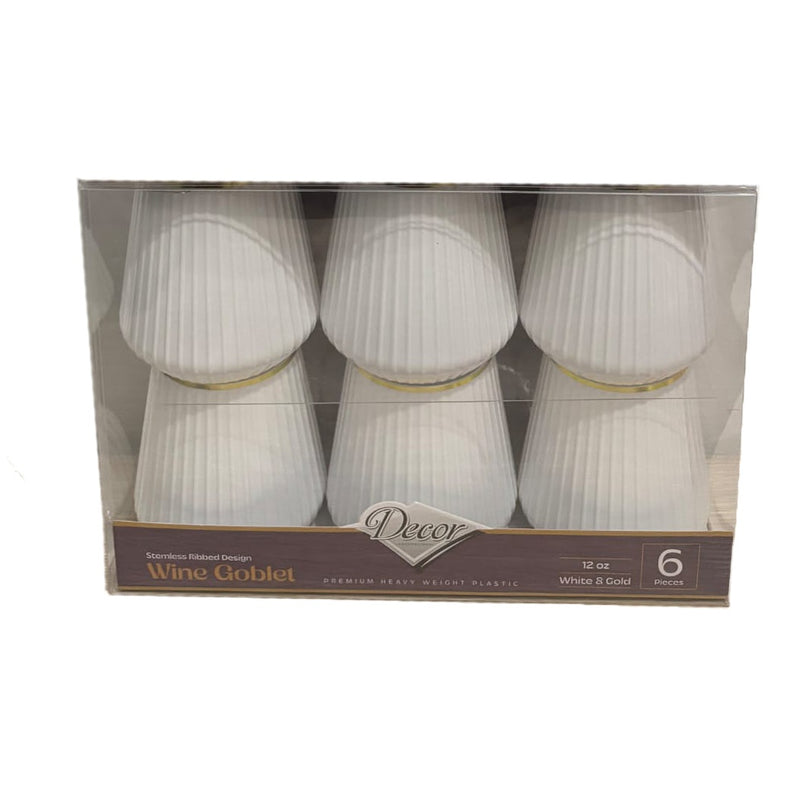 Disposable 6 White & Gold Reusable Wine Cups - Ribbed 