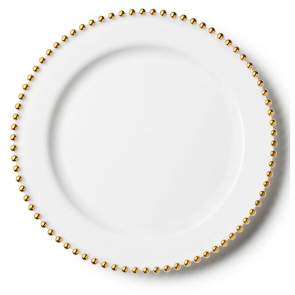 Disposable 2 White & Gold Reusable Plastic Charger Plate 33 Cm - Beaded 