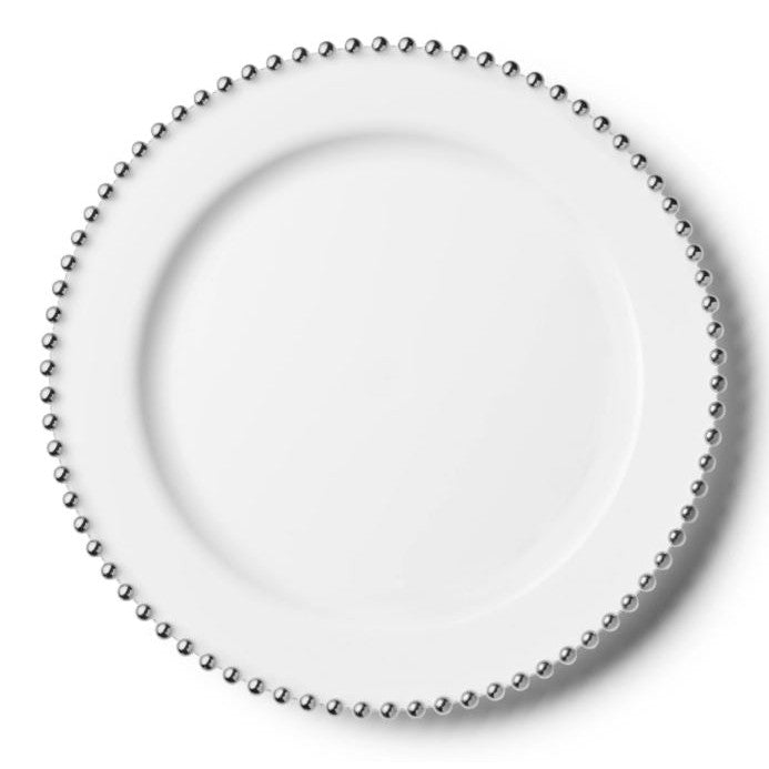 Disposable 2 White & Silver Reusable Plastic Charger Plate 33 Cm - Beaded 