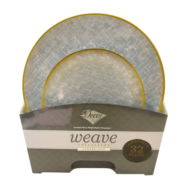 Disposable 32 Transparent & Gold Reusable Plastic Dinnerware Set - Weave 