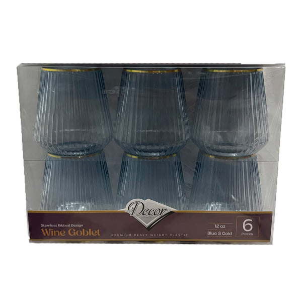 Disposable 6 Blue & Gold Reusable Wine Cups - Ribbed 