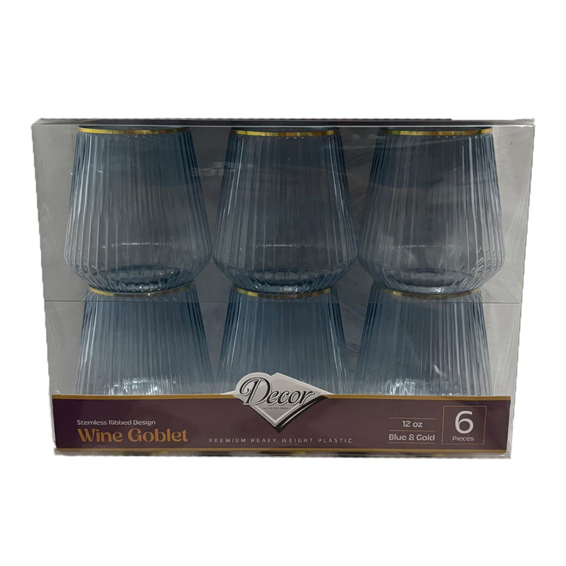 Disposable 6 Blue & Gold Reusable Wine Cups - Ribbed 