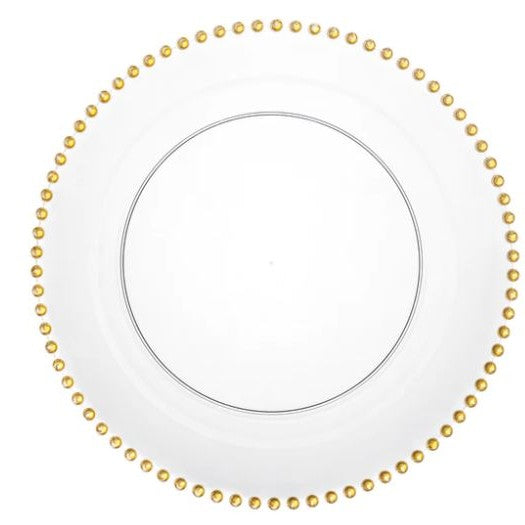 Disposable 2 Transparent & Gold Reusable Plastic Charger Plate 33 Cm - Beaded 