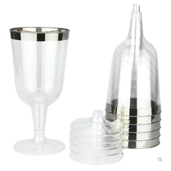 Disposable 10 Transparent & Silver Reusable Plastic Wine Cups 180ml - Line 
