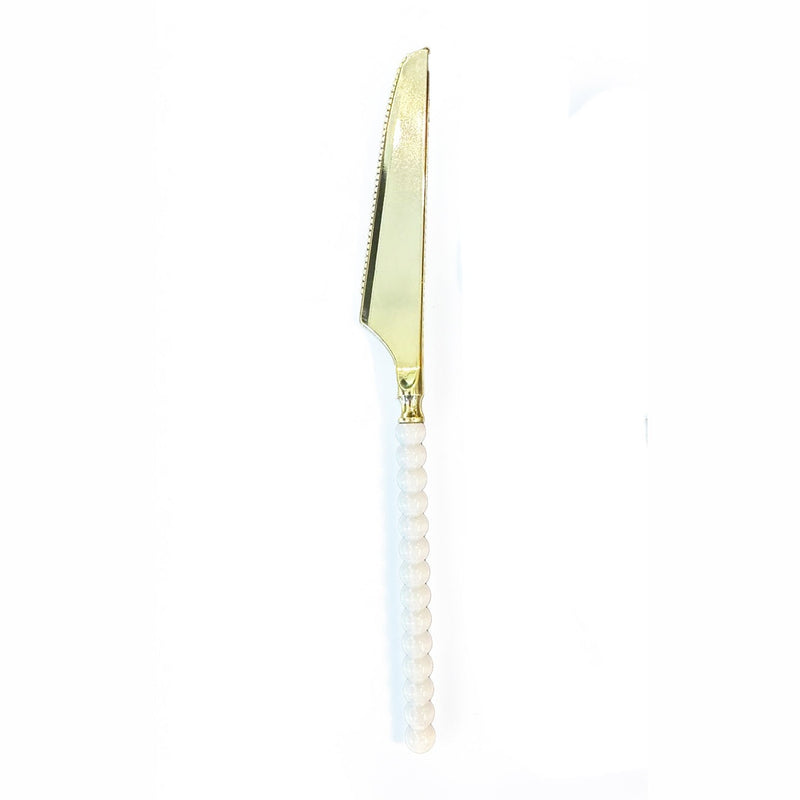 Disposable 12 White & Gold Reusable Plastic Knives - Pearl 