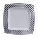 Disposable 10 White & Silver Square Reusable Plastic Plate 20cm - Diamond 