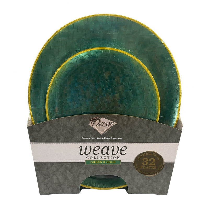Disposable 32 Green & Gold Reusable Plastic Dinnerware Set - Weave 