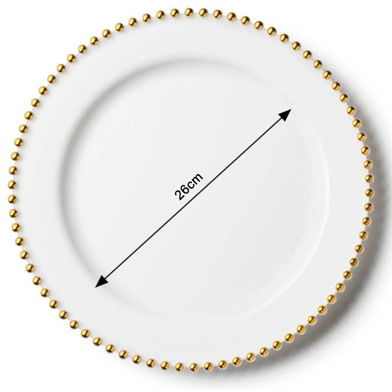 Disposable 10 White & Gold Reusable Plastic Plate 26cm - Beaded 