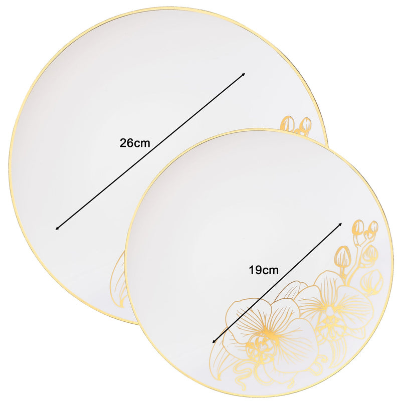 Disposable 32 White & Gold Reusable Plastic Combo Plate - Orchid 