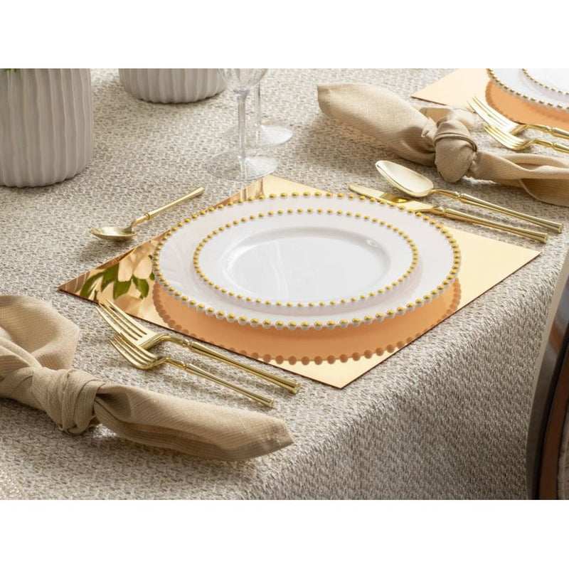 Disposable 10 White & Gold Reusable Plastic Plate 26cm - Beaded 