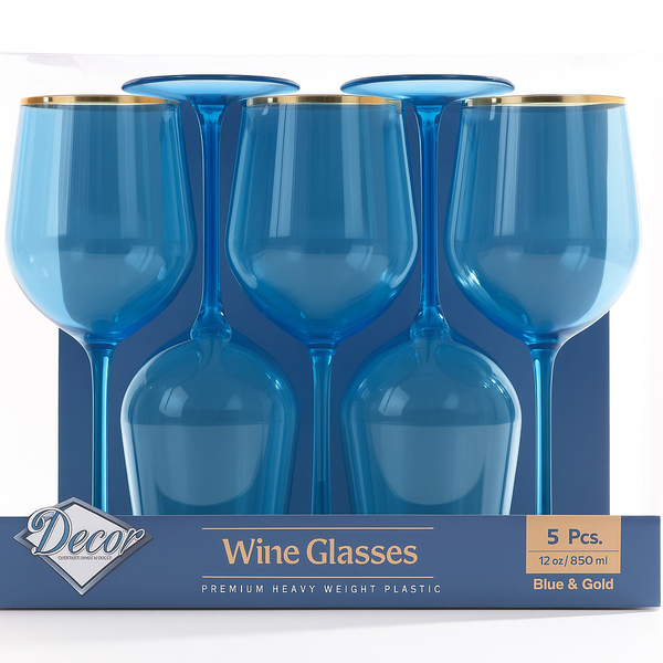 5 Blue & Gold Reusable  Wine Cups  - Line.