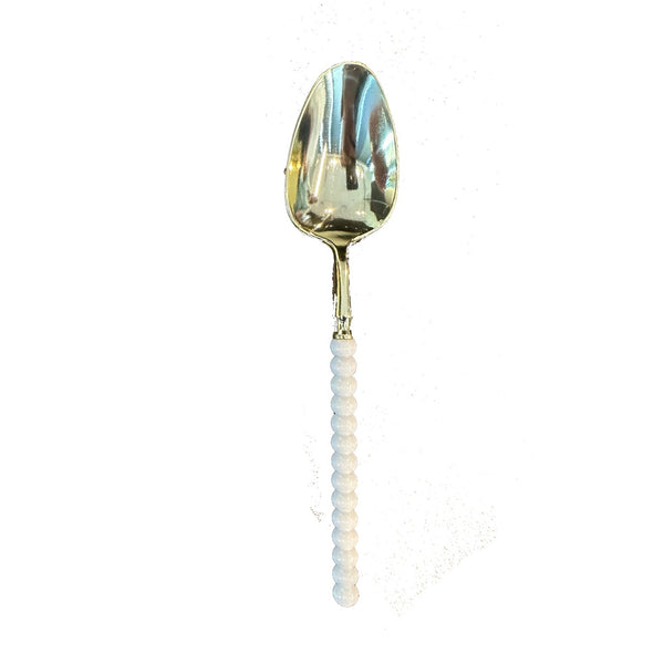 Disposable 12 White & Gold Reusable Plastic Spoons - Pearl 