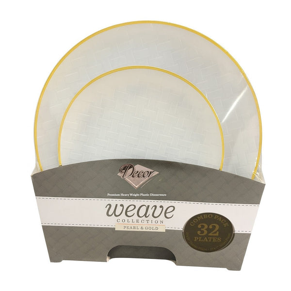 Disposable 32 Pearl & Gold Reusable Plastic Dinnerware Set - Weave 