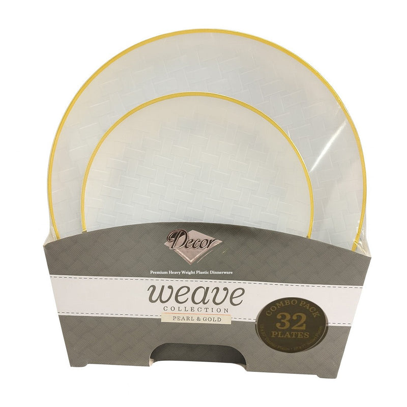 Disposable 32 Pearl & Gold Reusable Plastic Dinnerware Set - Weave 