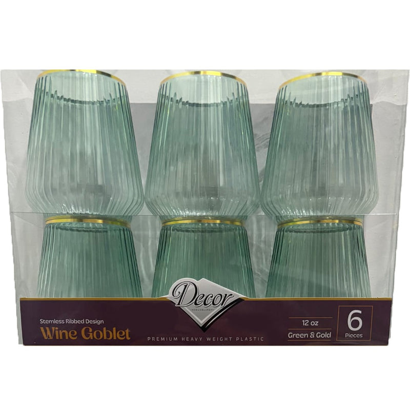 Disposable 6 Green & Gold Reusable Wine Cups - Ribbed 