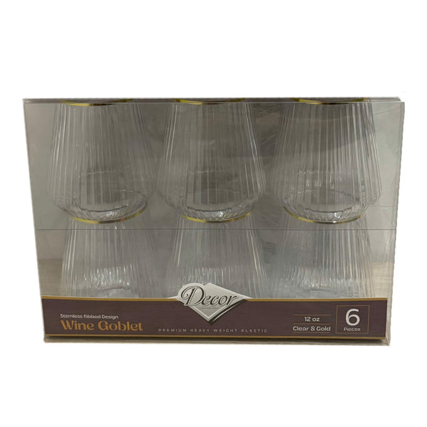 Disposable 6 Transparent & Gold Reusable Wine Cups - Ribbed 